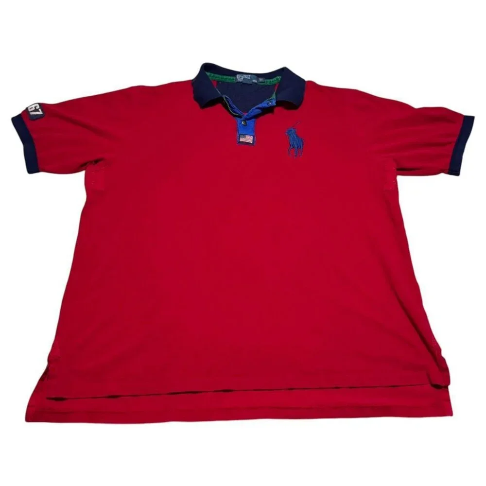 Ralph Lauren Red Navy Polo Zip Snap Shirt‎ 2XL Tall Big Pony Cotton Short Sleeve